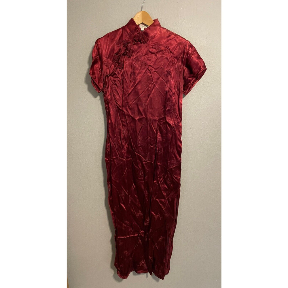 Vintage Golden Bee Womens Dress Small Red Silk Satin Floral Asian Inspired 90s